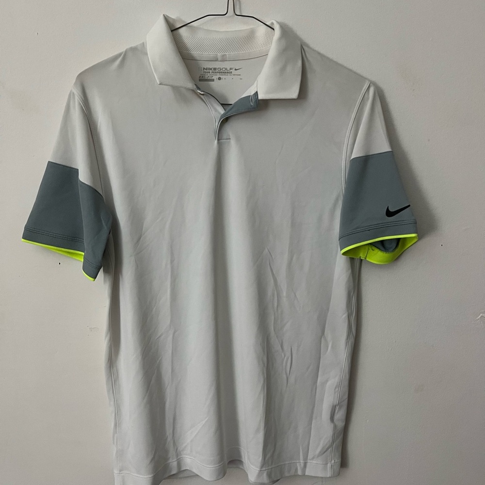 Nike Golf Men's Tour Performance Polo. White/Gray w/ neon yellow accent. SMALL